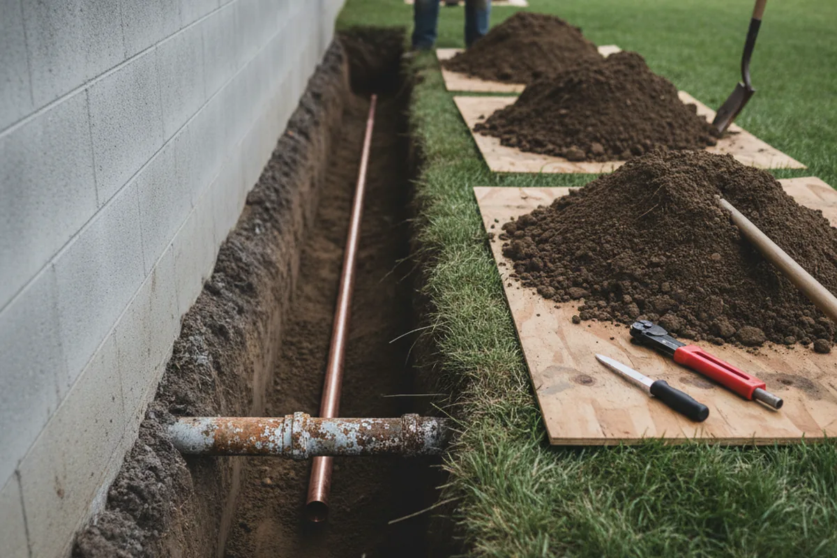 Excavated water line trench during Sewer Line Repair in Los Alamos